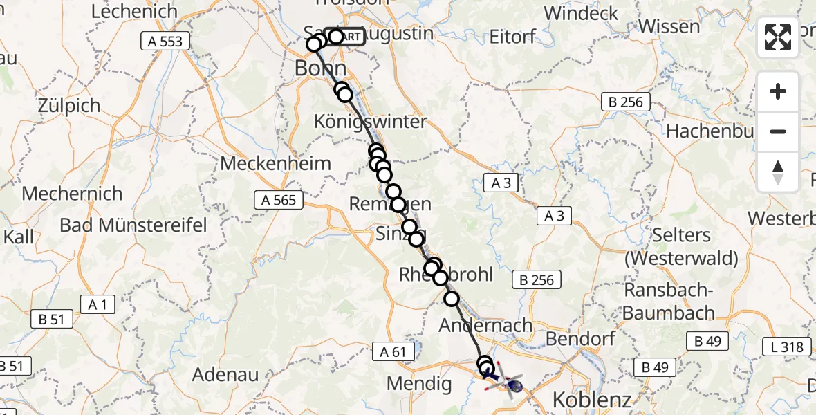 Flugroute Polizeihubschrauber Sankt Augustin - Saffig, 21 Mai 2026, 11:39