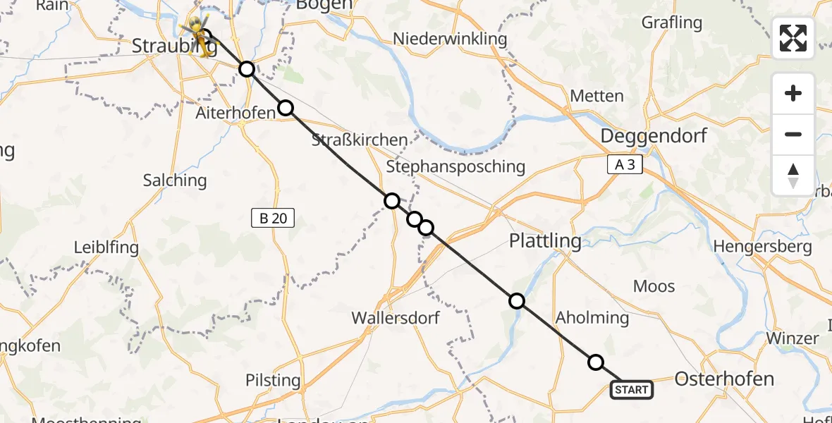Flugroute Rettungshubschrauber Buchhofen - Sankt Elisabeth Hospital Straubing, 21 Mai 2026, 11:42