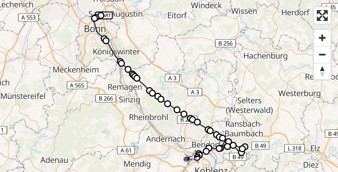 Flugroute Polizeihubschrauber Sankt Augustin - Mülheim-Kärlich, 21 Mai 2026, 11:45