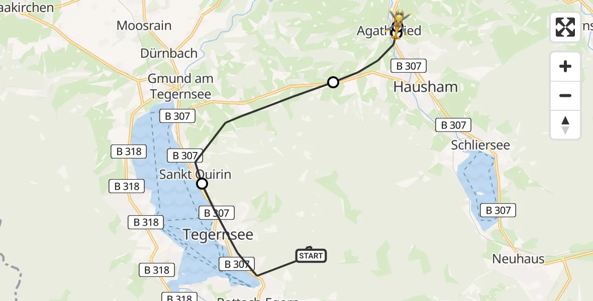Flugroute Rettungshubschrauber Tegernsee - Agatharied Hospital, 21 Mai 2026, 11:47