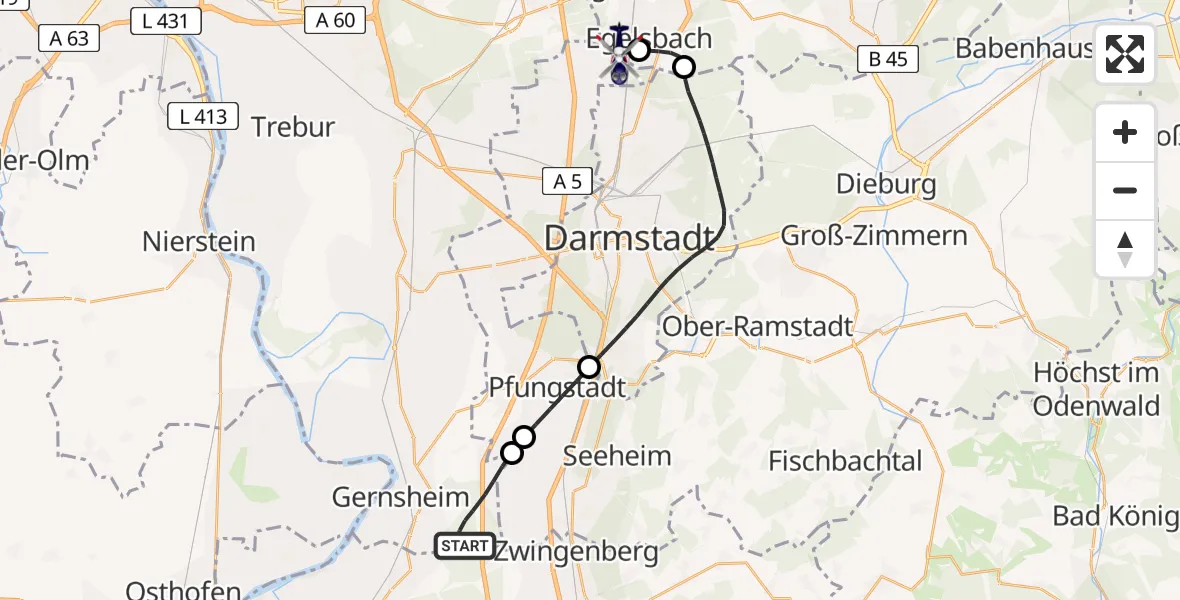 Flugroute Polizeihubschrauber Gernsheim - Flughafen Frankfurt-Egelsbach, 21 Mai 2026, 11:48
