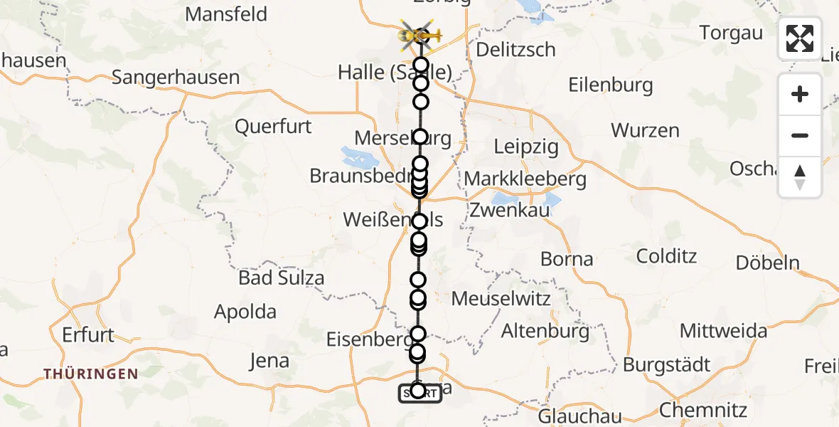 Flugroute Rettungshubschrauber SRH Wald-Klinikum Gera Hospital - Halle-Oppin Flugplatz, 21 Mai 2026, 11:52