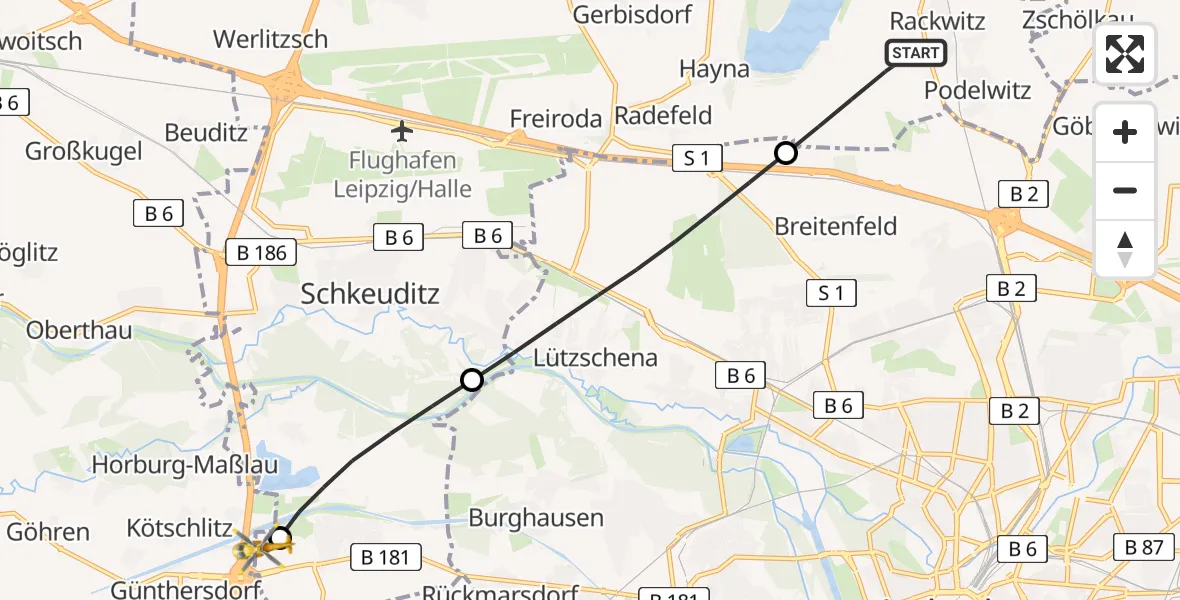 Flugroute Rettungshubschrauber Rackwitz - ADAC Air Rescue Station Leipzig/Schkeuditz-Dölzig Hubschrauberlandeplatz (Christoph 61), 21 Mai 2026, 11:53