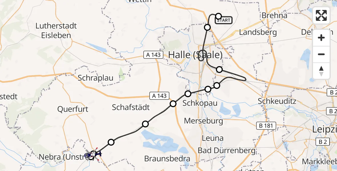 Flugroute Polizeihubschrauber Halle-Oppin Flugplatz - Steigra, 21 Mai 2026, 11:53