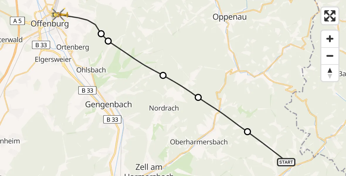 Flugroute Ambulanzhubschrauber Oberwolfach - Offenburg, 21 Mai 2026, 11:56