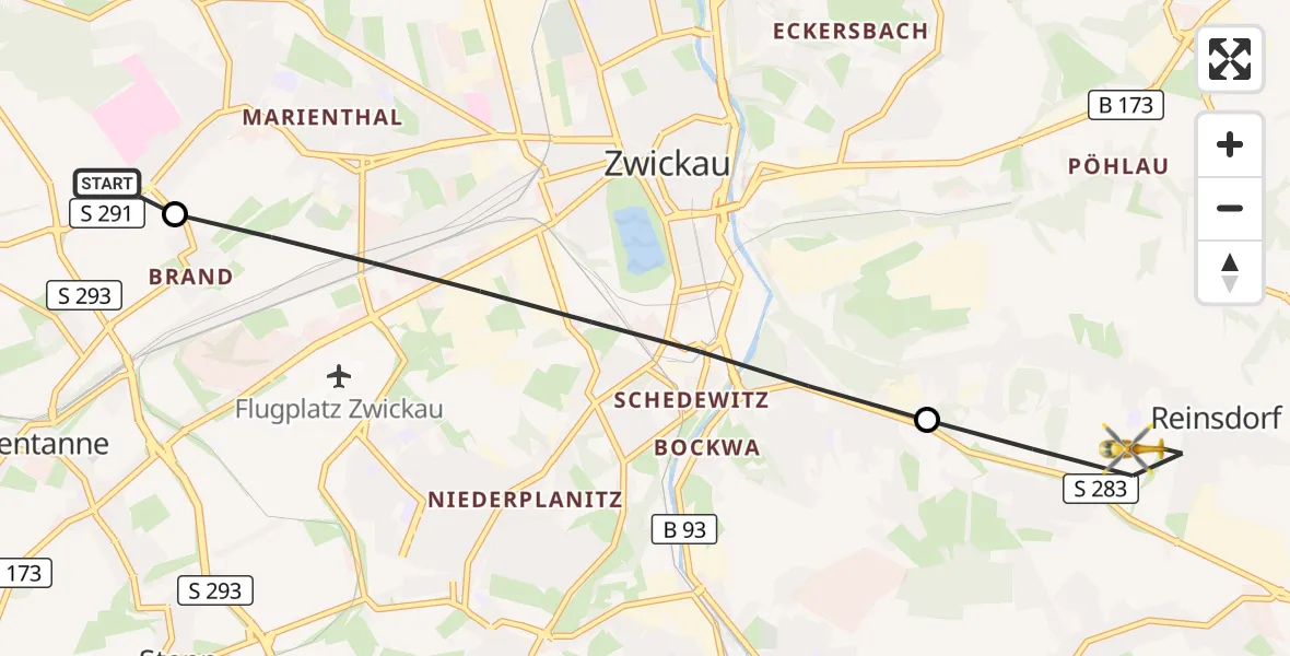 Flugroute Rettungshubschrauber ADAC Air Rescue Station Zwickau Hubschrauberlandeplatz - Reinsdorf, 21 Mai 2026, 11:59