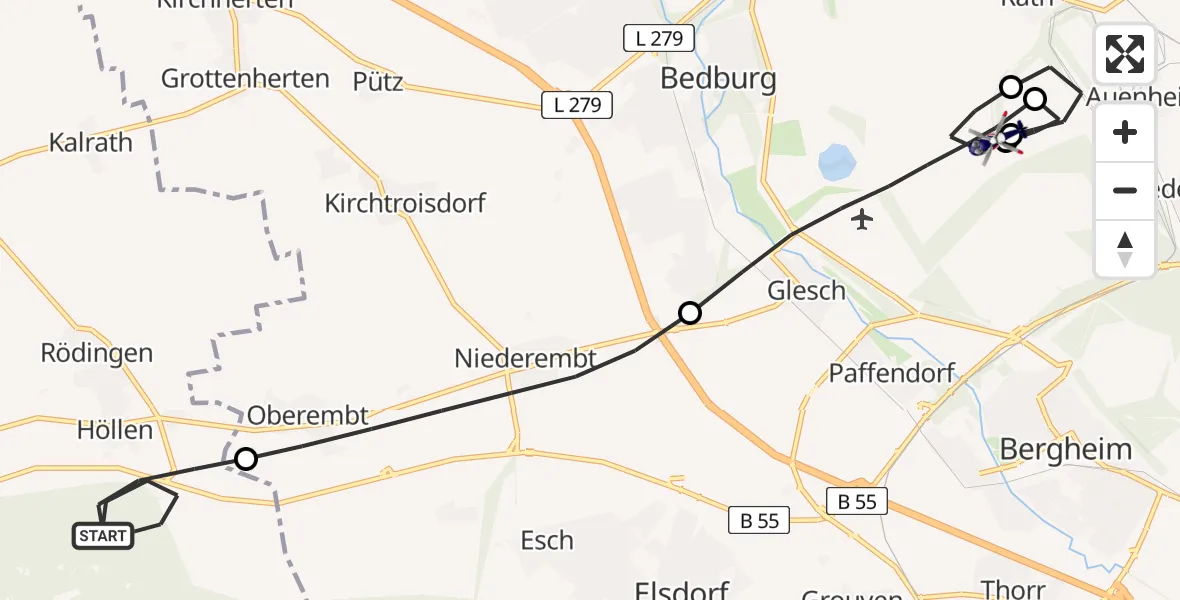 Flugroute Polizeihubschrauber Titz - Bergheim, 21 Mai 2026, 12:00