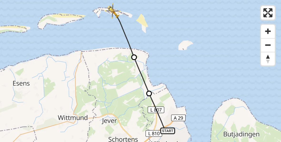 Flugroute Rettungshubschrauber Wilhelmshaven - Noordzee, 21 Mai 2026, 12:00