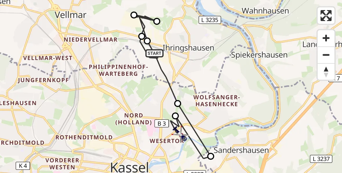 Flugroute Polizeihubschrauber Fuldatal - Kassel, 21 Mai 2026, 12:04