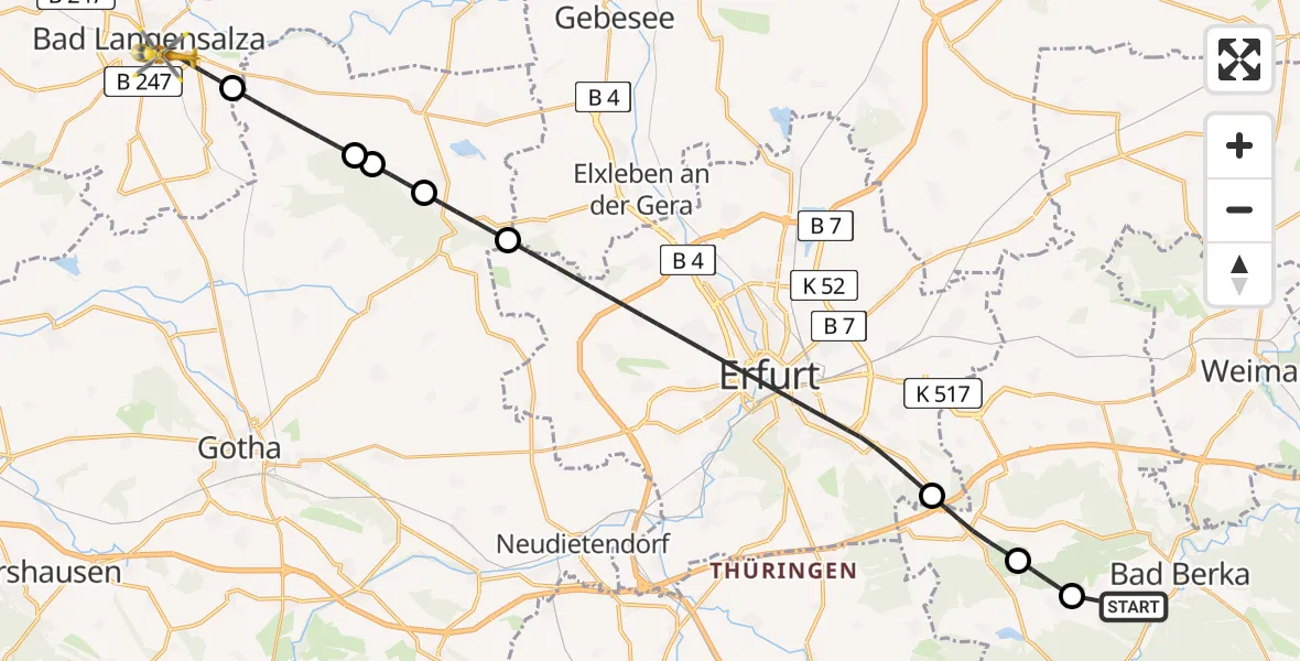 Flugroute Ambulanzhubschrauber Bad Berka - Bad Langensalza, 21 Mai 2026, 12:12