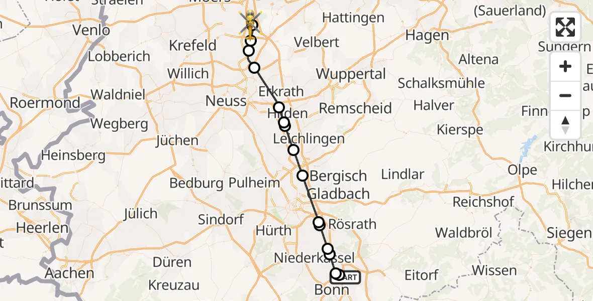 Flugroute Rettungshubschrauber Sankt Augustin - Duisburg Air Rescue Hubschrauberlandeplatz (Christoph 9), 21 Mai 2026, 12:16