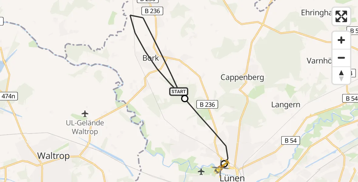Flugroute Rettungshubschrauber Selm - Sankt Marien Hospital, 21 Mai 2026, 12:17