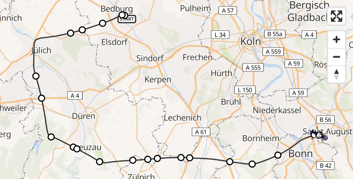 Flugroute Polizeihubschrauber Bergheim Flugplatz - Sankt Augustin, 21 Mai 2026, 12:24
