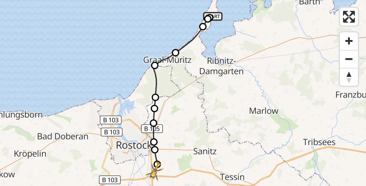 Flugroute Ambulanzhubschrauber Wustrow - Dummerstorf, 21 Mai 2026, 12:24