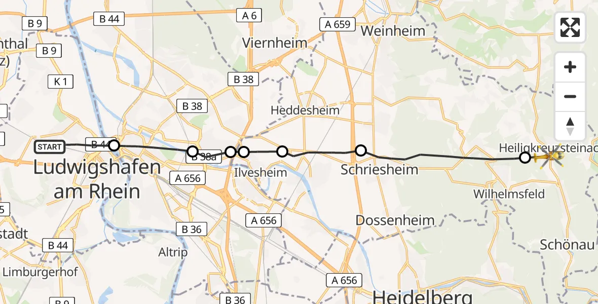 Flugroute Rettungshubschrauber Ludwigshafen am Rhein - Heiligkreuzsteinach, 21 Mai 2026, 12:29