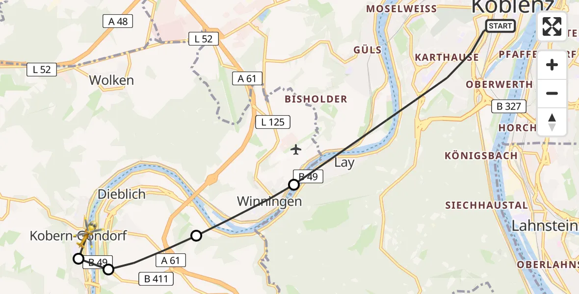Flugroute Rettungshubschrauber Koblenz - Kobern-Gondorf, 21 Mai 2026, 12:30