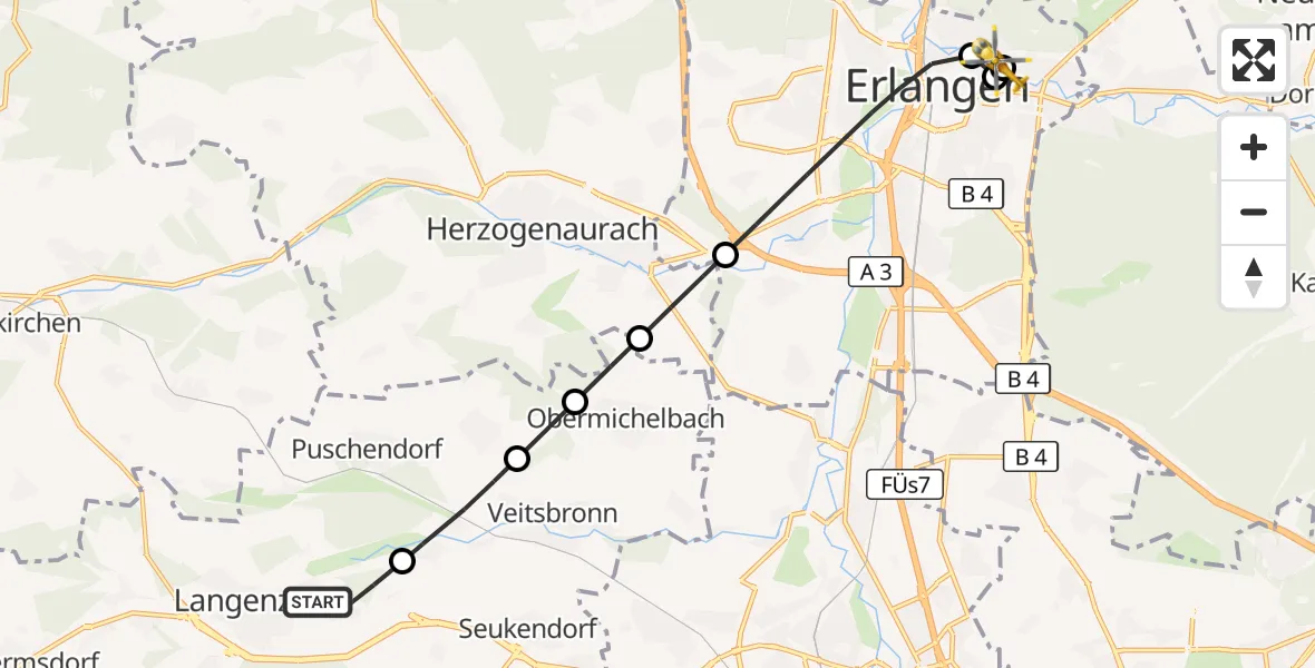 Flugroute Ambulanzhubschrauber Langenzenn - Erlangen University Hospital Ebrardstraße, 21 Mai 2026, 12:35