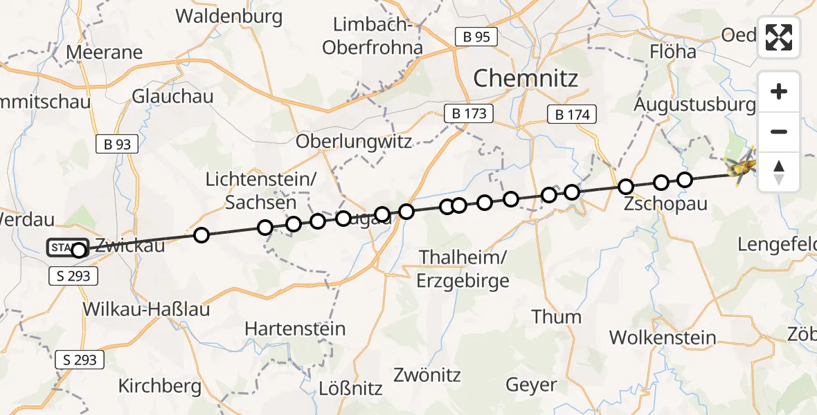 Flugroute Rettungshubschrauber ADAC Air Rescue Station Zwickau Hubschrauberlandeplatz - Grünhainichen, 21 Mai 2026, 12:39