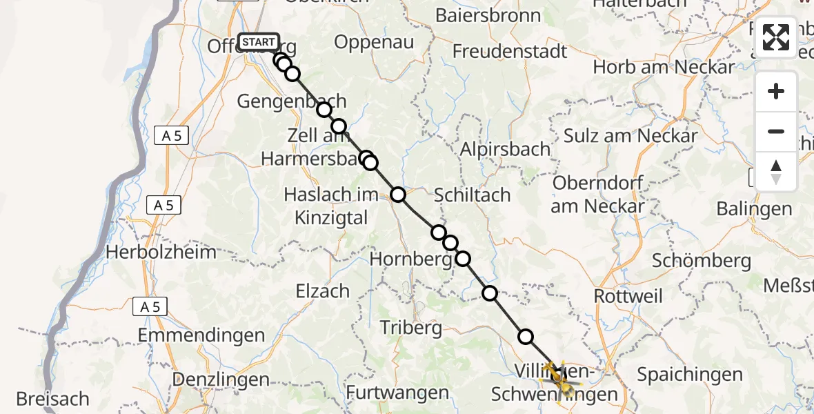 Flugroute Ambulanzhubschrauber Offenburg - DRF Air Rescue Station Villingen-Schwenningen Hubschrauberlandeplatz (Christoph 11), 21 Mai 2026, 12:39