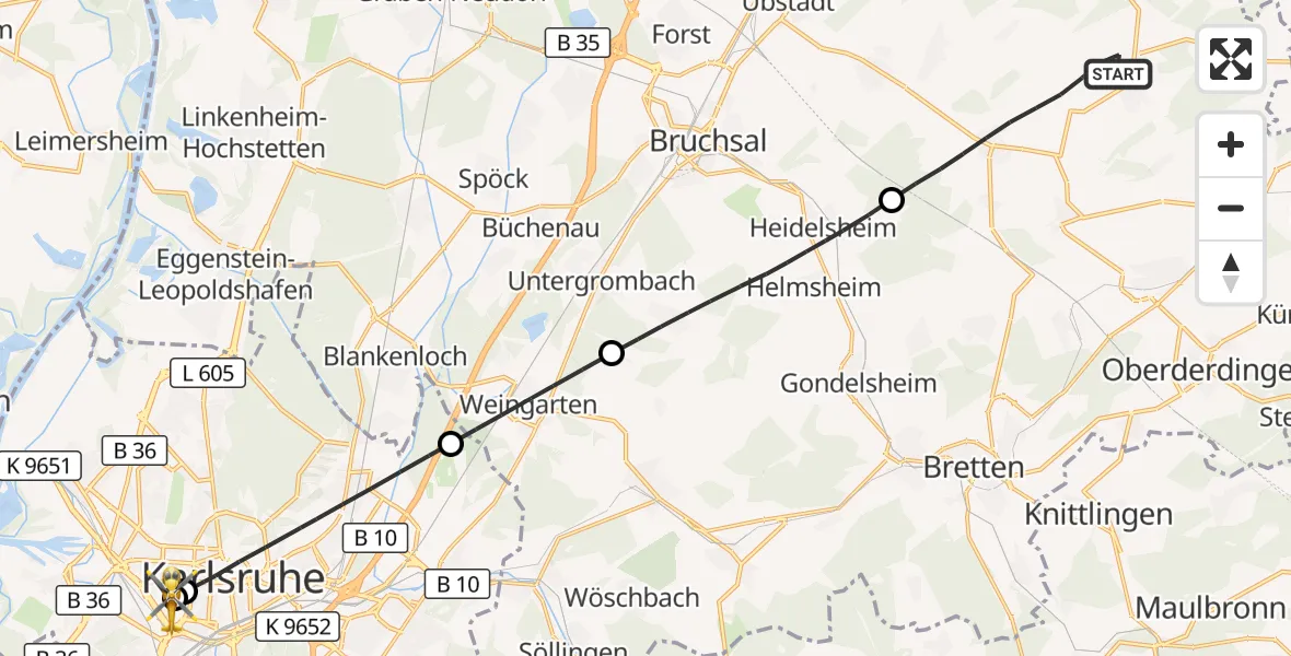 Flugroute Rettungshubschrauber Kraichtal - Sankt Vincentius Hospital, 21 Mai 2026, 12:41