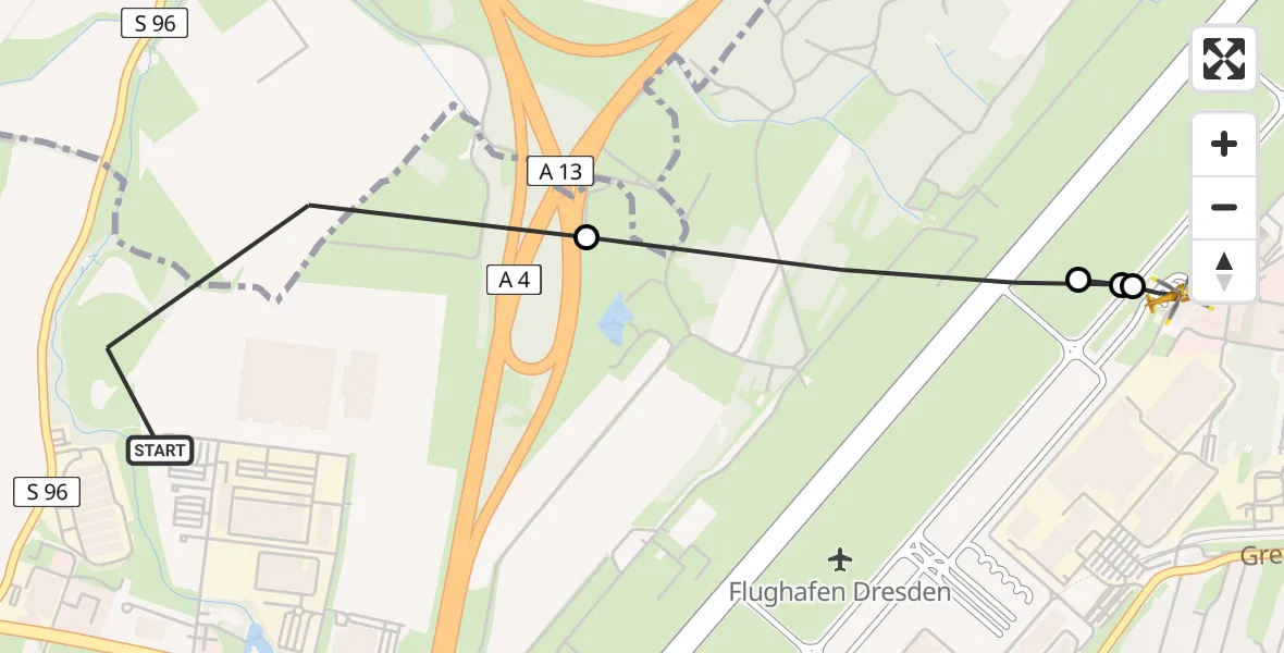 Flugroute Rettungshubschrauber Dresden - Dresden Bundespolizei Hubschrauberlandeplatz, 21 Mai 2026, 12:42