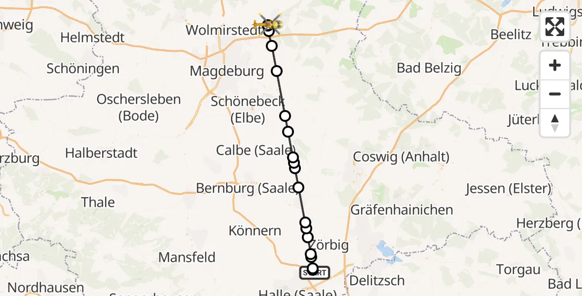 Flugroute Rettungshubschrauber Halle-Oppin Flugplatz - Jerichower Land District Hospital, 21 Mai 2026, 12:45
