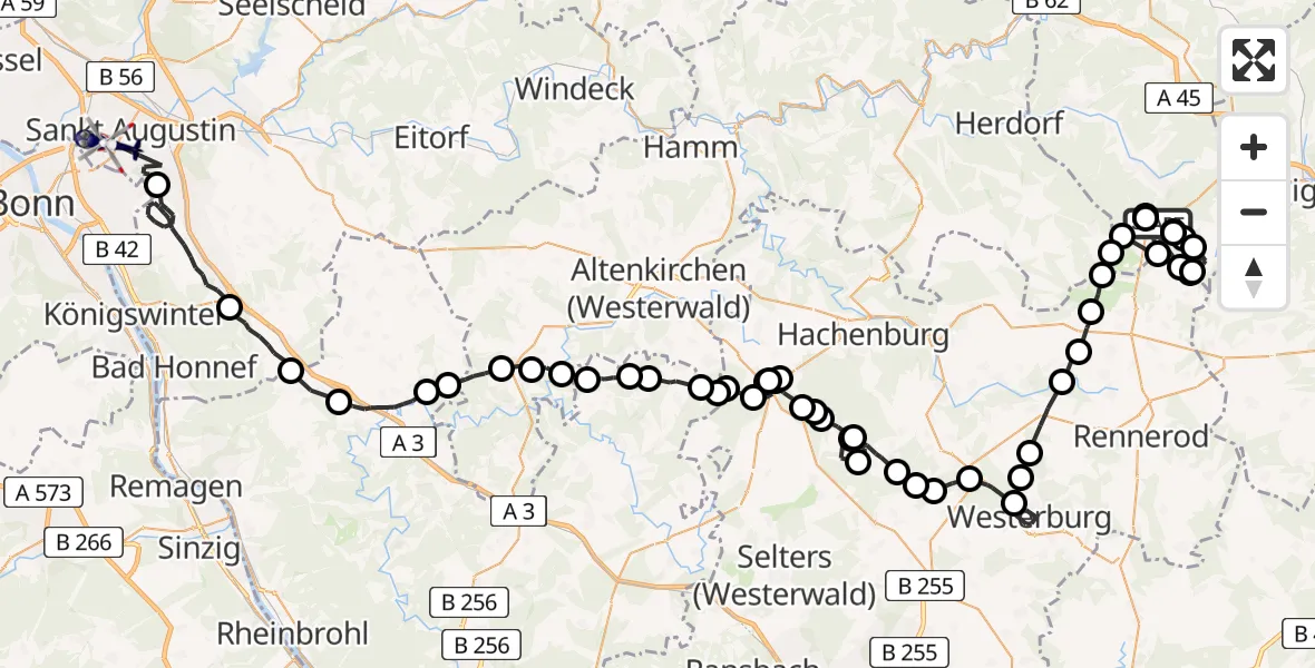 Flugroute Polizeihubschrauber Burbach - Sankt Augustin, 21 Mai 2026, 12:48