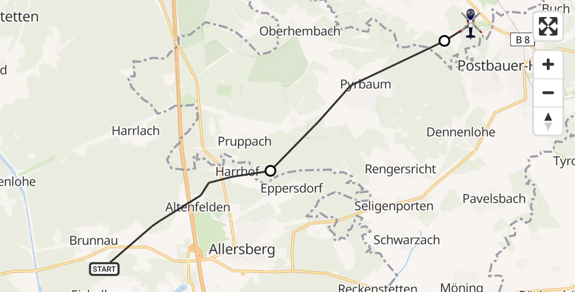 Flugroute Polizeihubschrauber Allersberg - Burgthann, 21 Mai 2026, 12:55