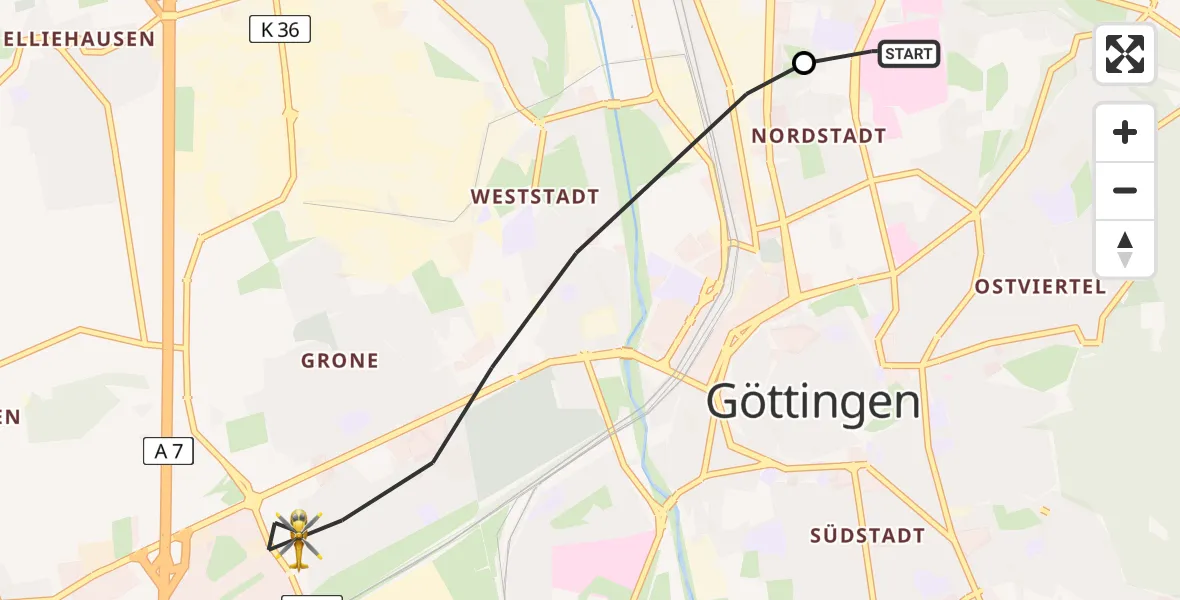 Flugroute Rettungshubschrauber Göttingen University Clinic Hubschrauberlandeplatz - Göttingen, 21 Mai 2026, 12:55