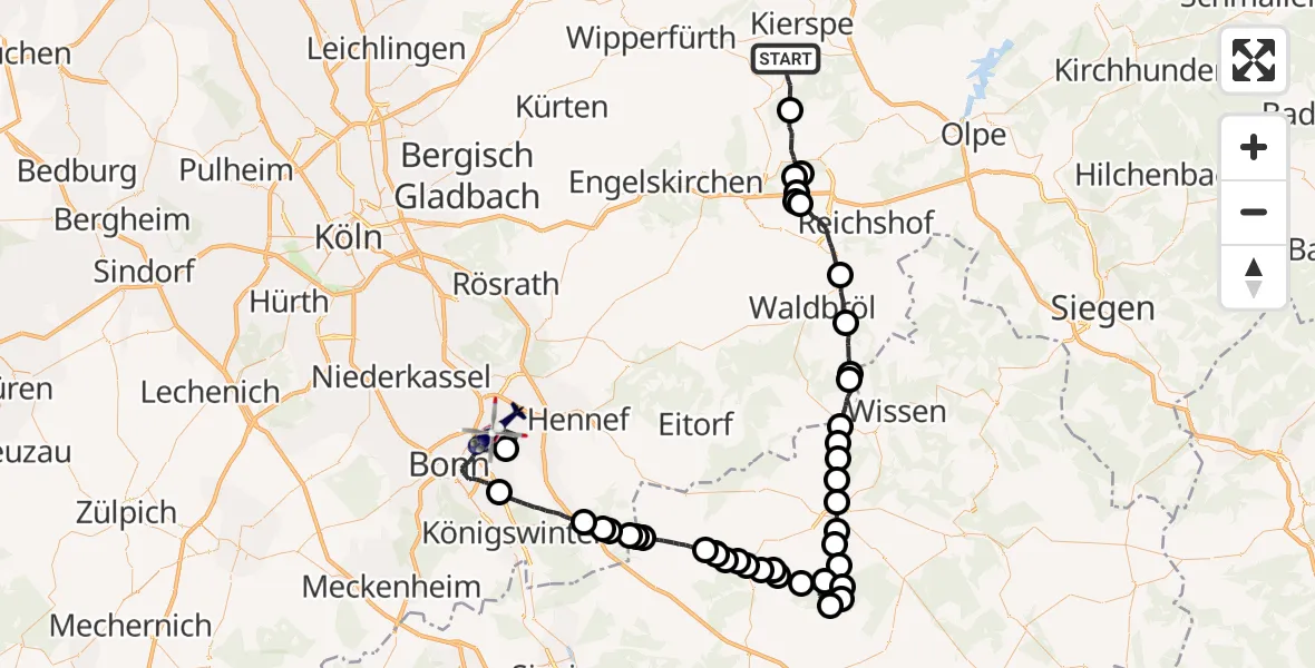 Flugroute Polizeihubschrauber Marienheide - Sankt Augustin, 21 Mai 2026, 12:58