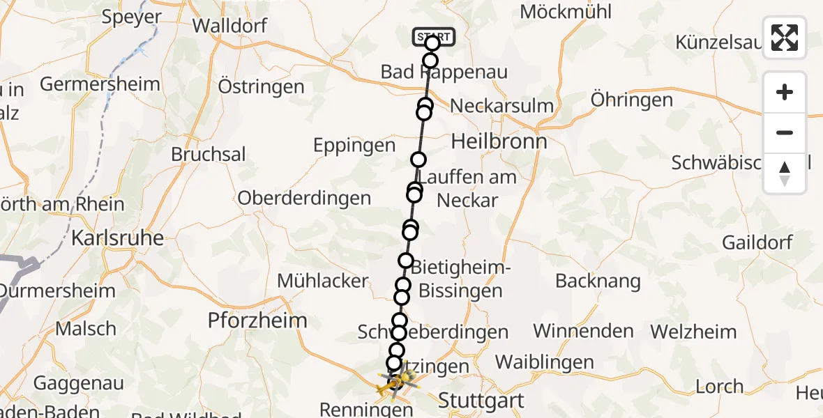 Flugroute Rettungshubschrauber Hüffenhardt - Leonberg Hospital, 21 Mai 2026, 13:00