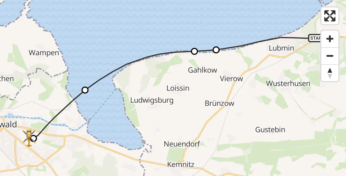 Flugroute Rettungshubschrauber Lubmin - Greifswald Hospital, 21 Mai 2026, 13:06
