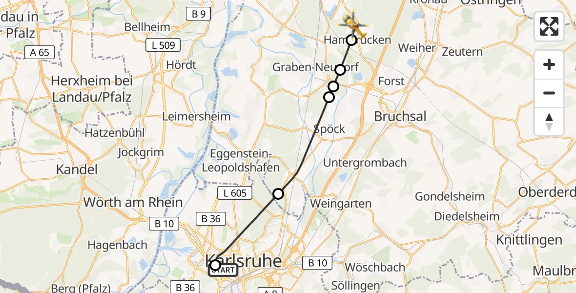 Flugroute Rettungshubschrauber Sankt Vincentius Hospital - Hambrücken, 21 Mai 2026, 13:11