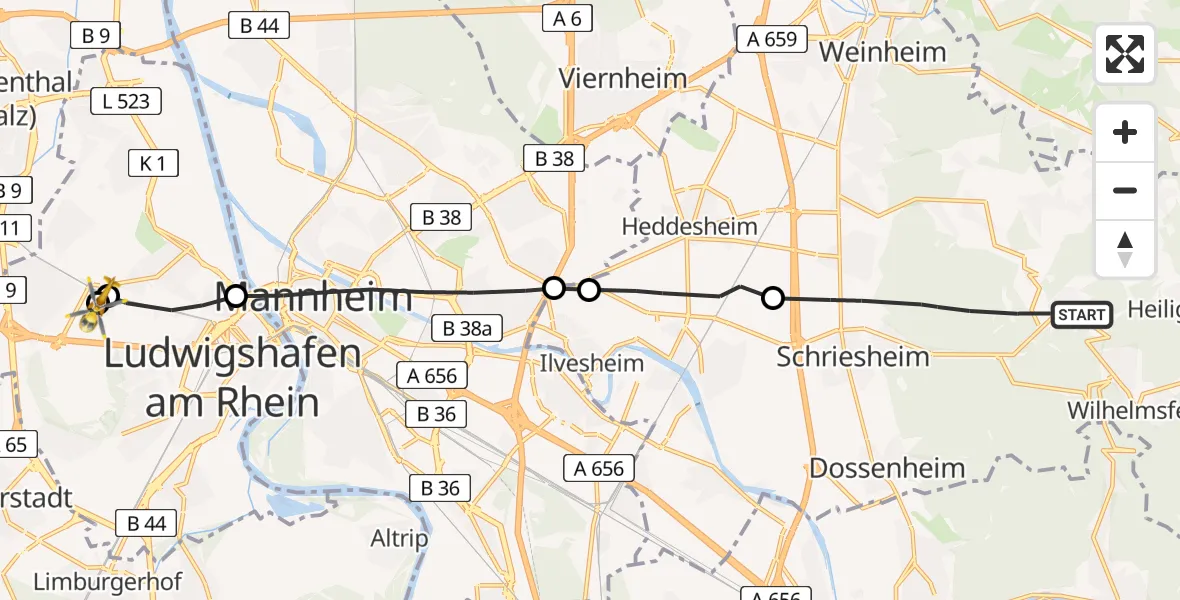 Flugroute Rettungshubschrauber Schriesheim - Ludwigshafen Accident Hospital, 21 Mai 2026, 13:13