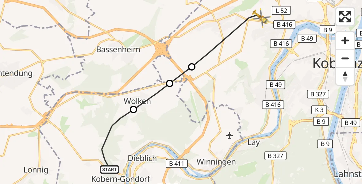 Flugroute Rettungshubschrauber Kobern-Gondorf - Koblenz, 21 Mai 2026, 13:13
