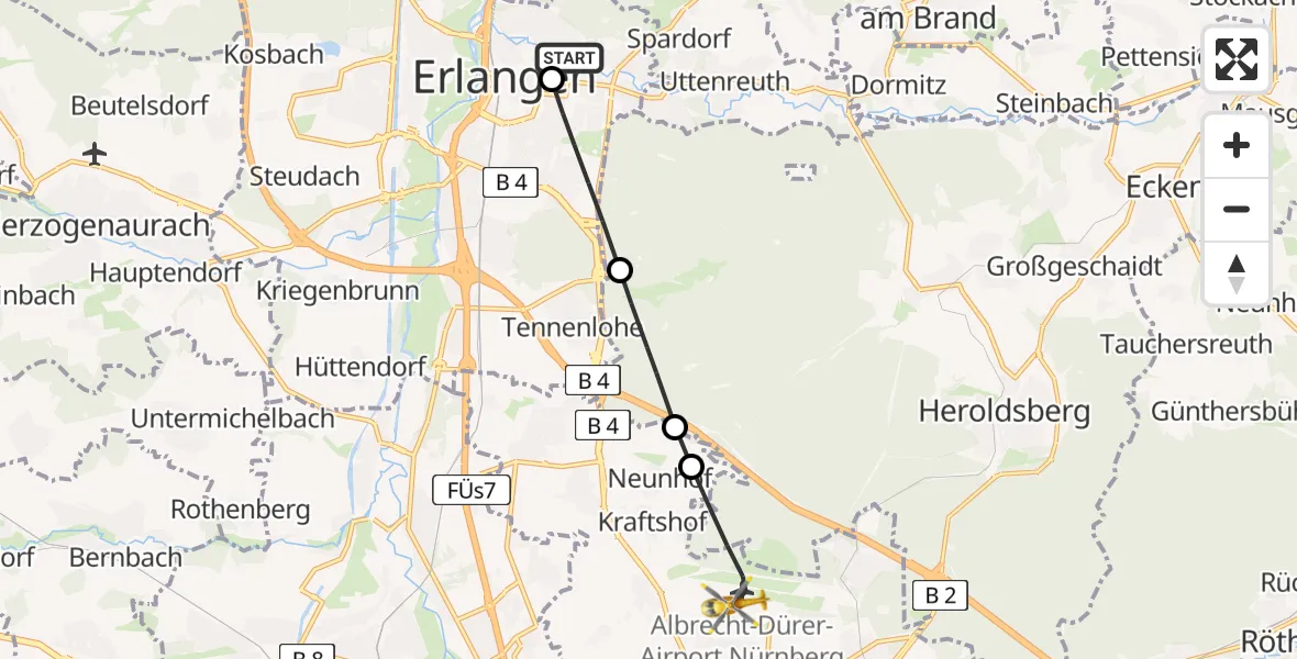 Flugroute Ambulanzhubschrauber Erlangen University Hospital Ebrardstraße - Flughafen Nuremberg, 21 Mai 2026, 13:15