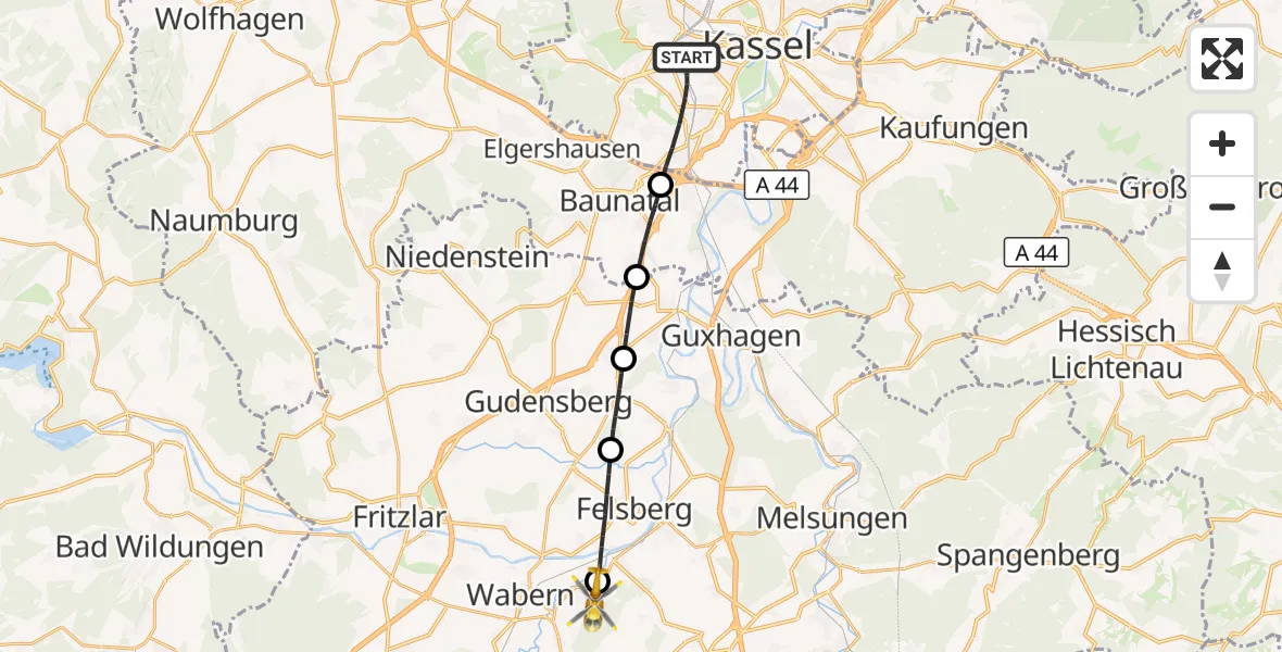 Flugroute Rettungshubschrauber Kassel - Wabern, 21 Mai 2026, 13:16