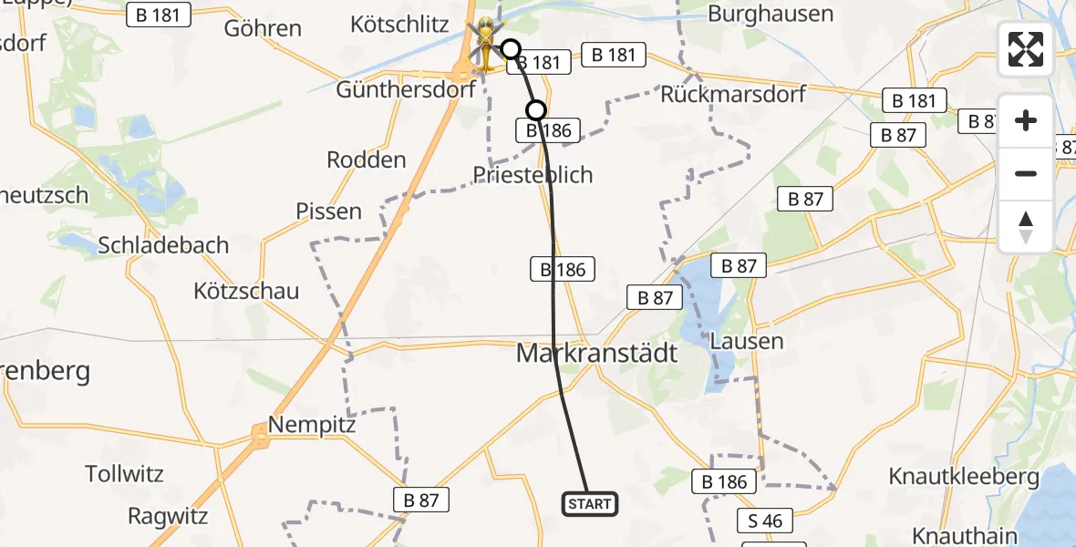 Flugroute Rettungshubschrauber Markranstädt - ADAC Air Rescue Station Leipzig/Schkeuditz-Dölzig Hubschrauberlandeplatz (Christoph 61), 21 Mai 2026, 13:17