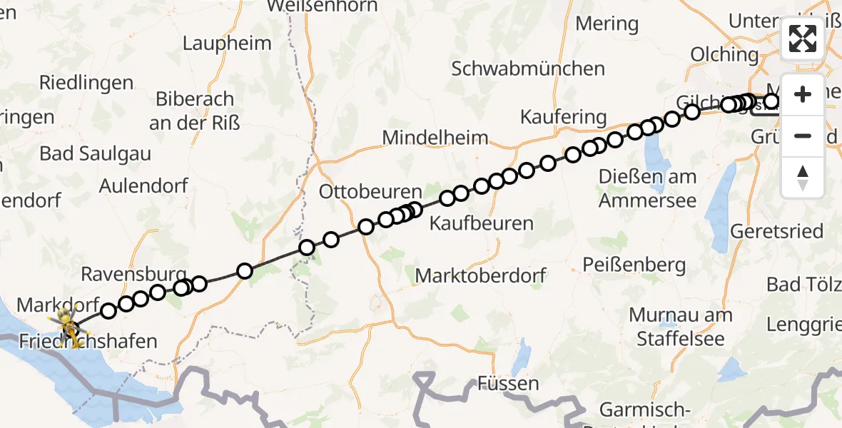 Flugroute Rettungshubschrauber DRF Air Rescue München Hubschrauberlandeplatz - Friedrichshafen Hospital, 21 Mai 2026, 13:19