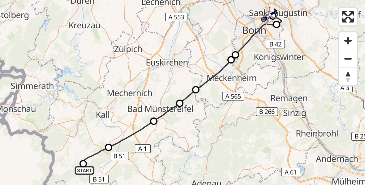Flugroute Polizeihubschrauber Dahlem - Bonn-Hangelar Flugplatz, 21 Mai 2026, 13:23