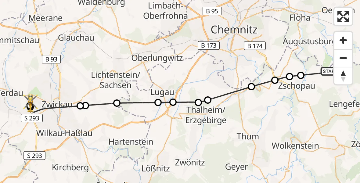Flugroute Rettungshubschrauber Grünhainichen - ADAC Air Rescue Station Zwickau Hubschrauberlandeplatz, 21 Mai 2026, 13:28