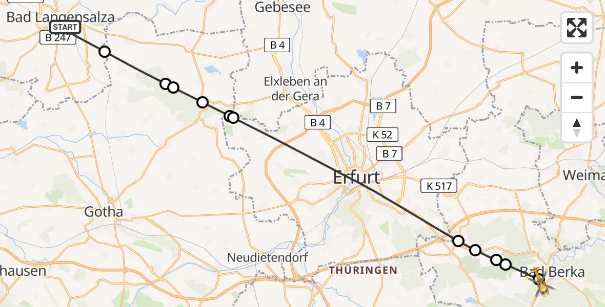 Flugroute Ambulanzhubschrauber Bad Langensalza - Bad Berka Zentralklinik Hubschrauberlandeplatz, 21 Mai 2026, 13:29