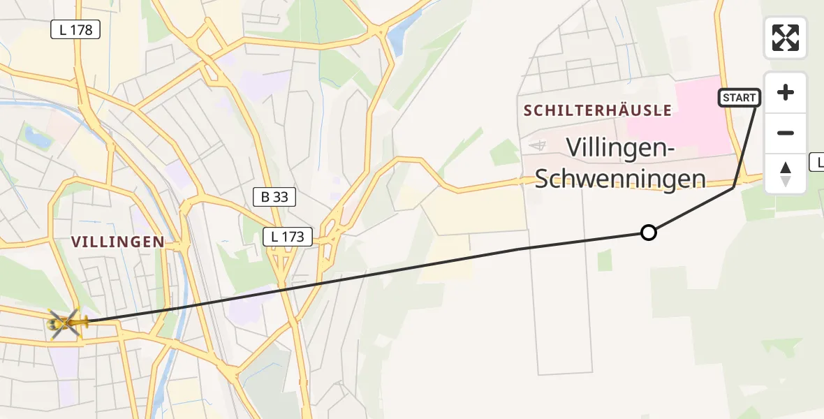 Flugroute Ambulanzhubschrauber DRF Air Rescue Station Villingen-Schwenningen Hubschrauberlandeplatz (Christoph 11) - Villingen-Schwenningen, 21 Mai 2026, 13:29
