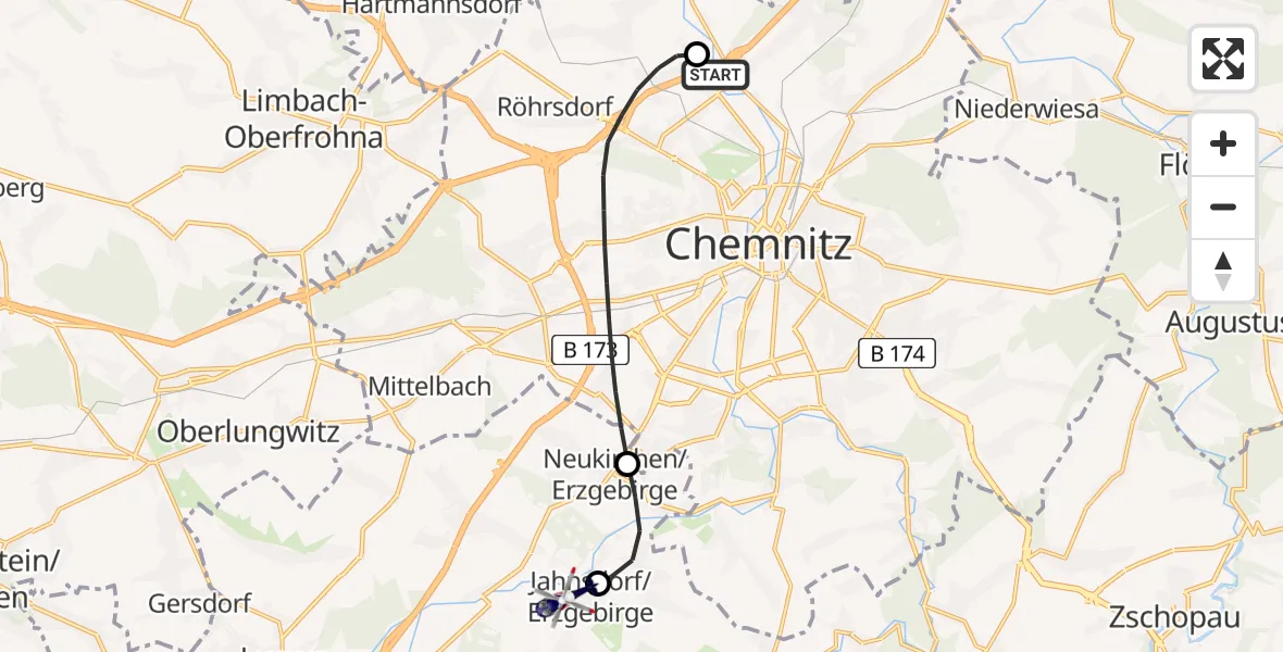 Flugroute Polizeihubschrauber Chemnitz-Glösa Industrial Park Hubschrauberlandeplatz - Jahnsdorf/Erzgeb., 21 Mai 2026, 13:32