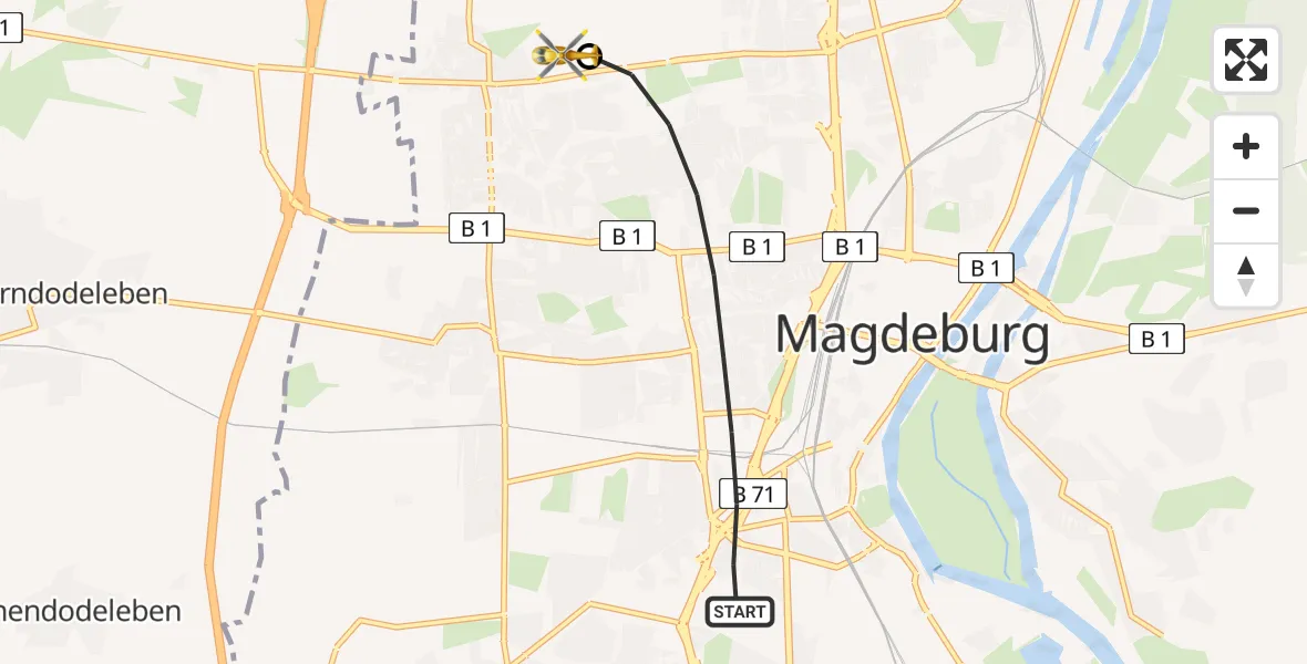 Flugroute Rettungshubschrauber Magdeburg - Magdeburg Hospital, 21 Mai 2026, 13:35