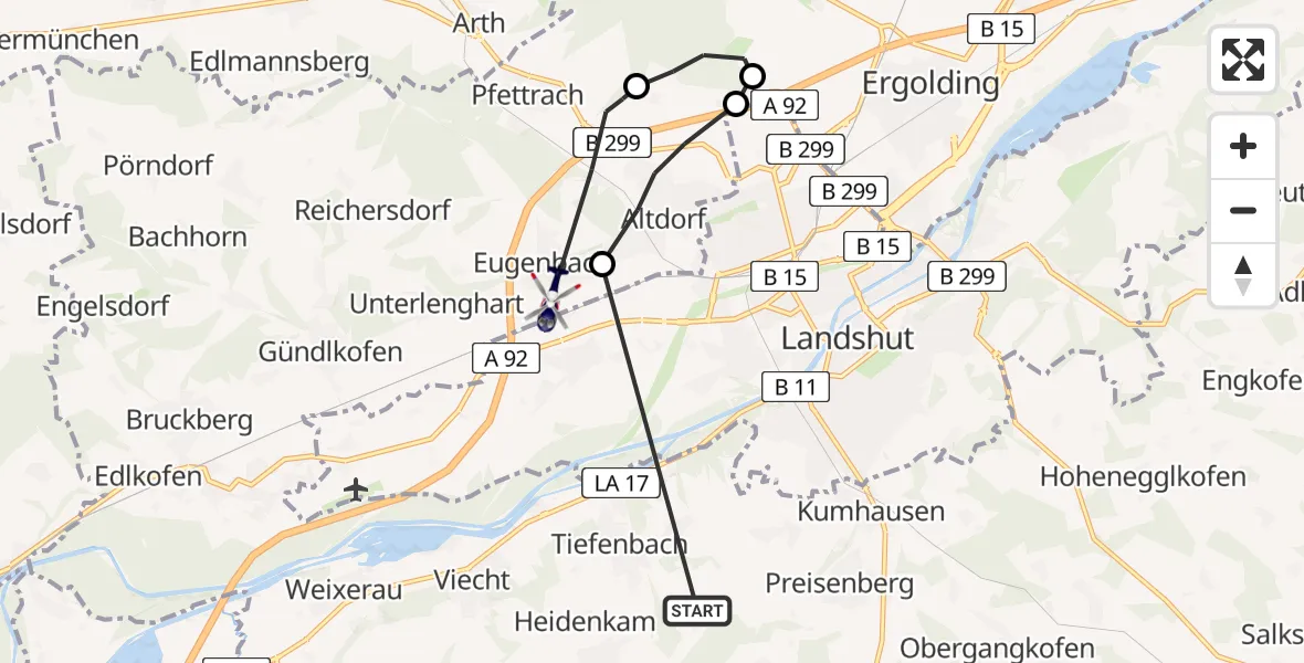 Flugroute Polizeihubschrauber Tiefenbach - Altdorf, 21 Mai 2026, 13:35