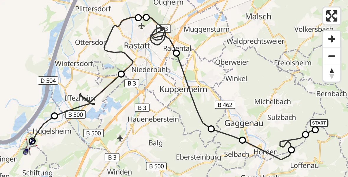 Flugroute Polizeihubschrauber Bad Herrenalb - Karlsruhe Baden-Baden Flughafen, 21 Mai 2026, 13:37