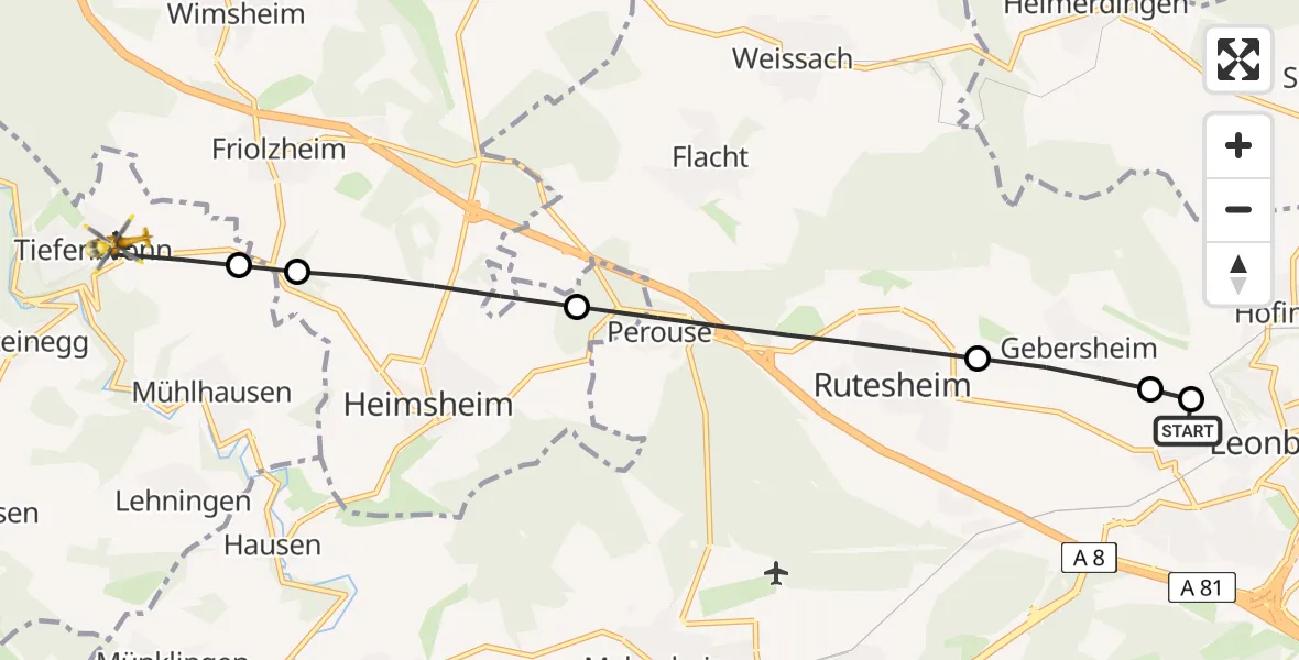 Flugroute Rettungshubschrauber Leonberg Hospital - Tiefenbronn, 21 Mai 2026, 13:42