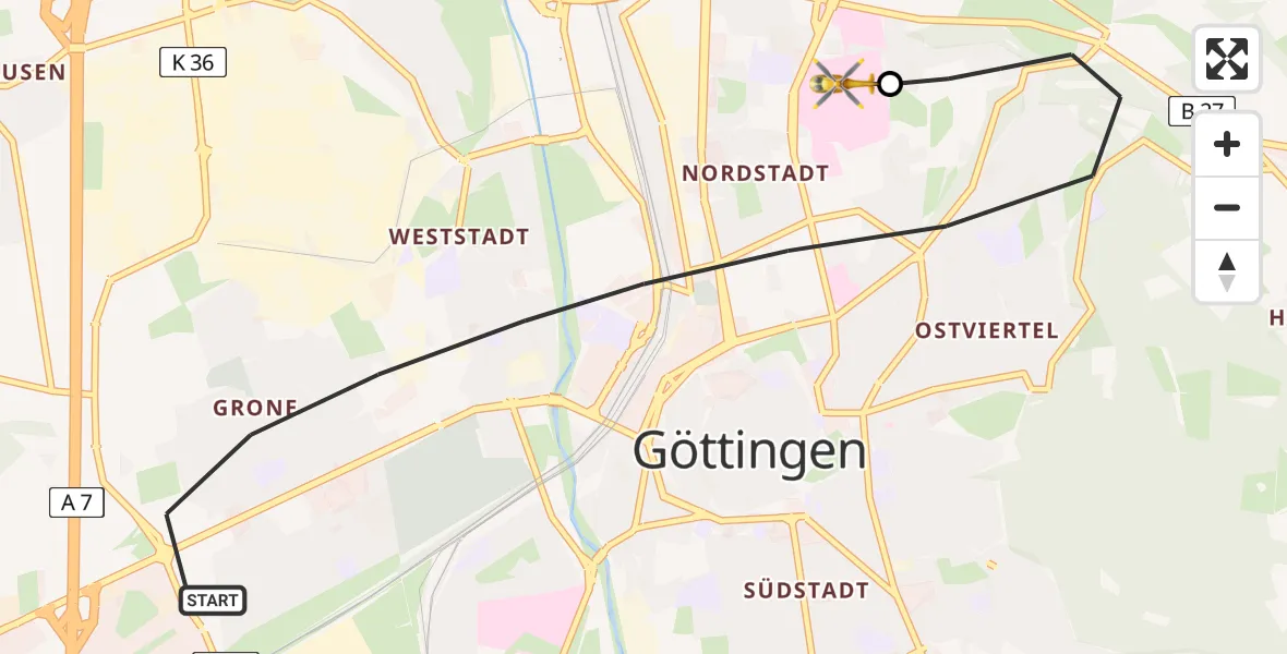 Flugroute Rettungshubschrauber Göttingen - Göttingen University Clinic Hubschrauberlandeplatz, 21 Mai 2026, 13:42