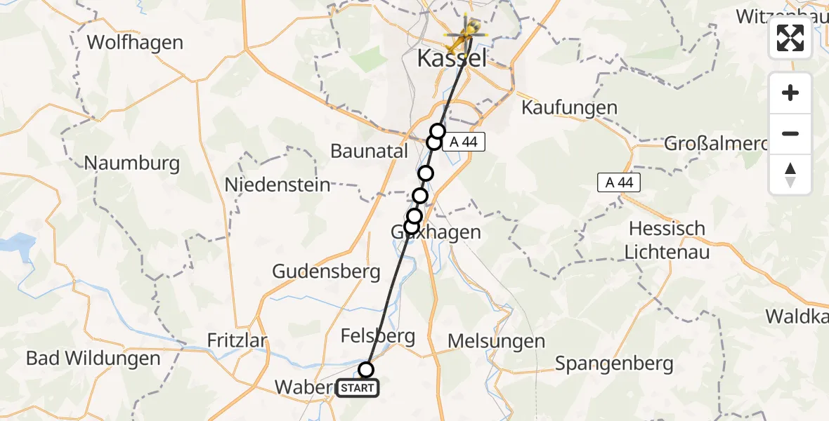 Flugroute Rettungshubschrauber Wabern - Kassel, 21 Mai 2026, 13:49
